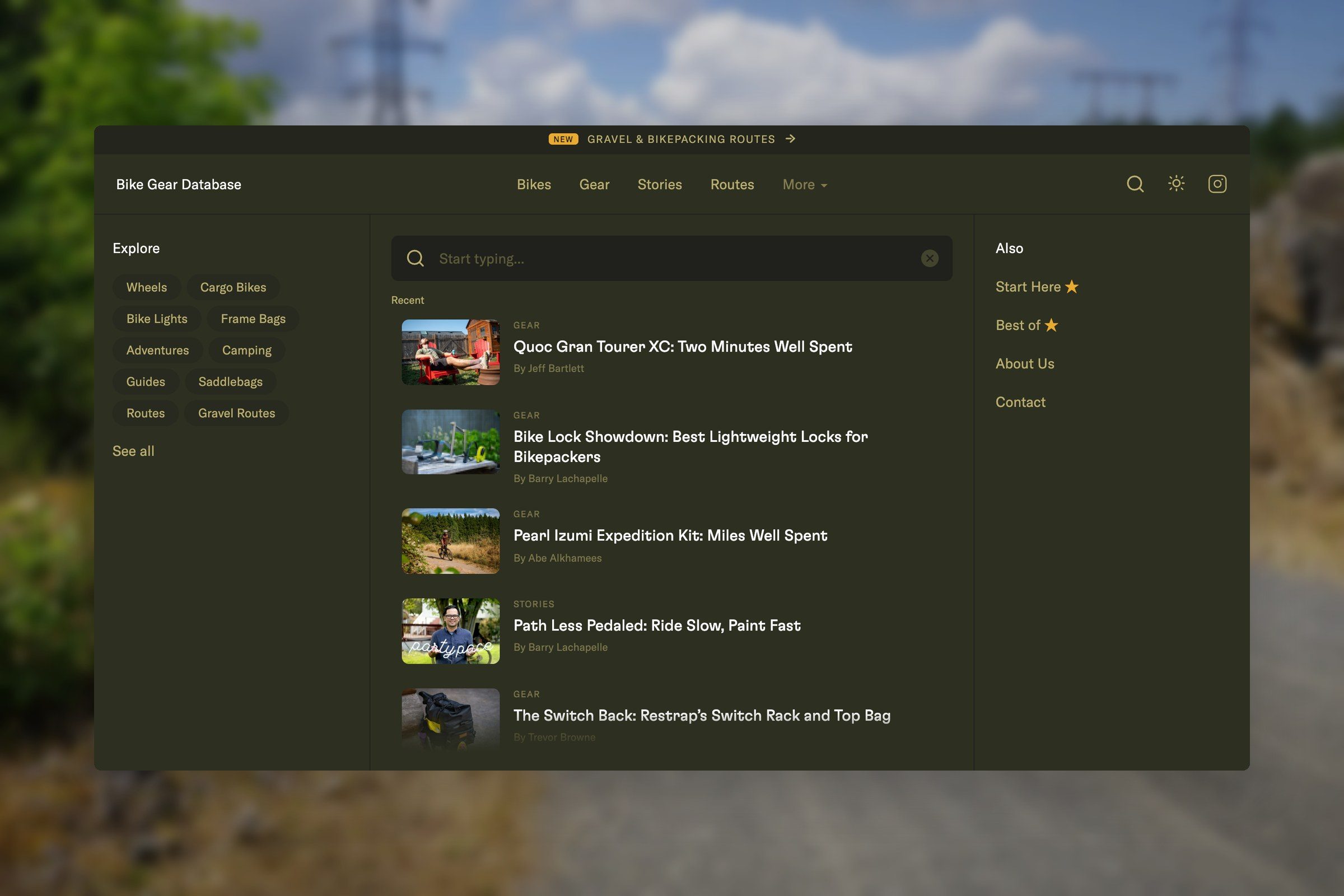 Bike Gear Database: The desktop mega menu, open, with explore tags, search and recent stories