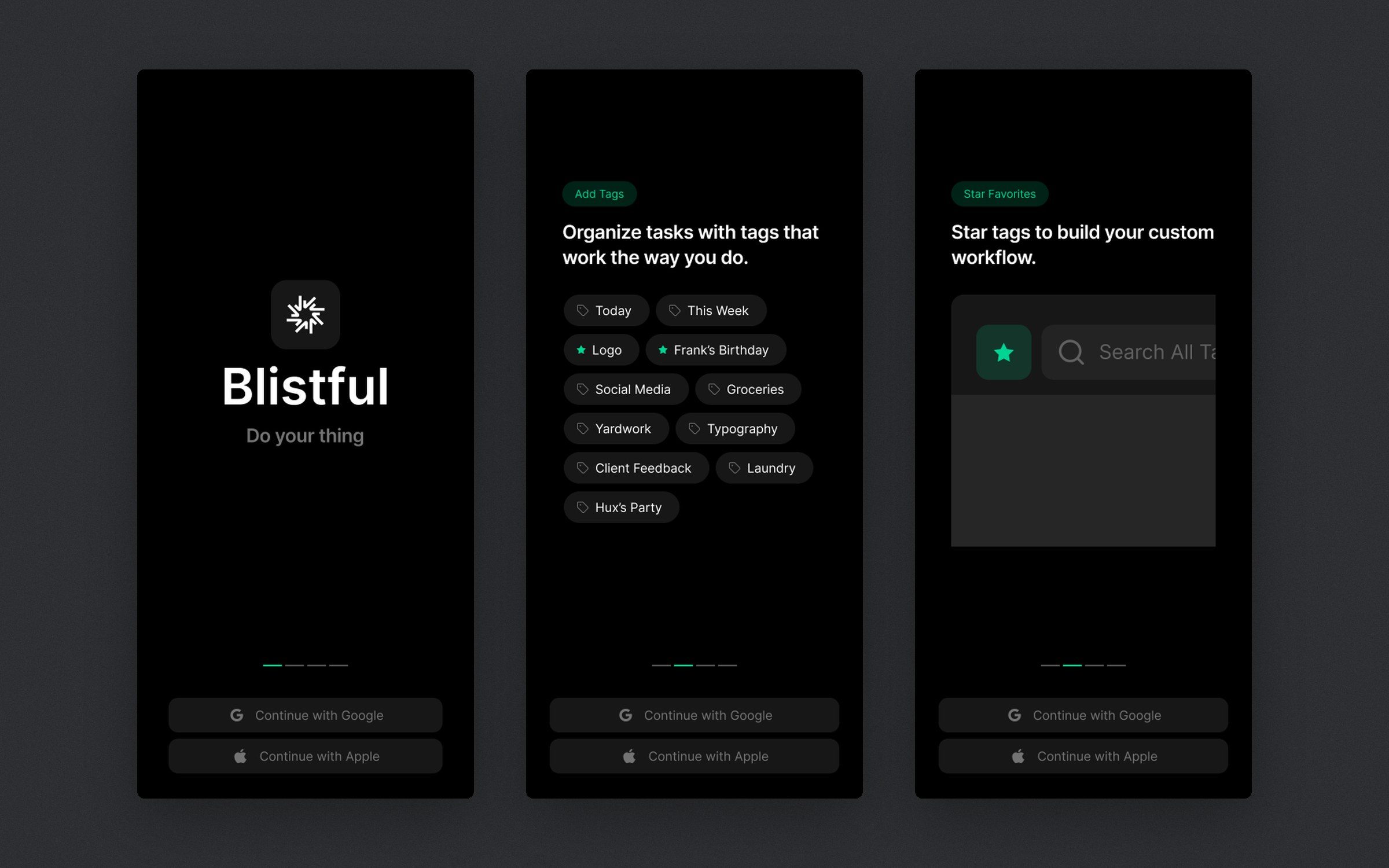 Blistful: Onboarding: the brand, adding tags and starring favourites