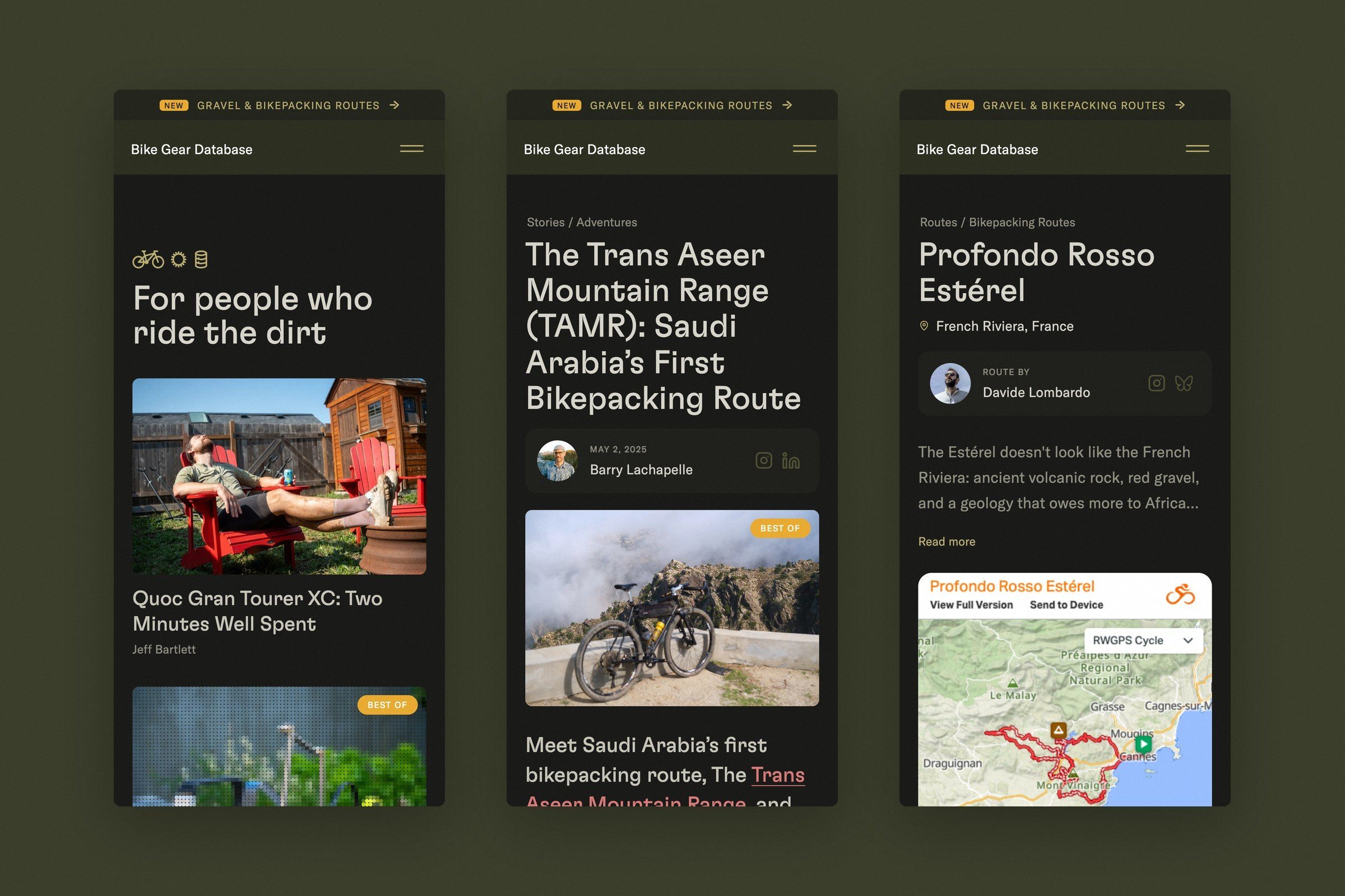Bike Gear Database: Home, story and route pages on phones