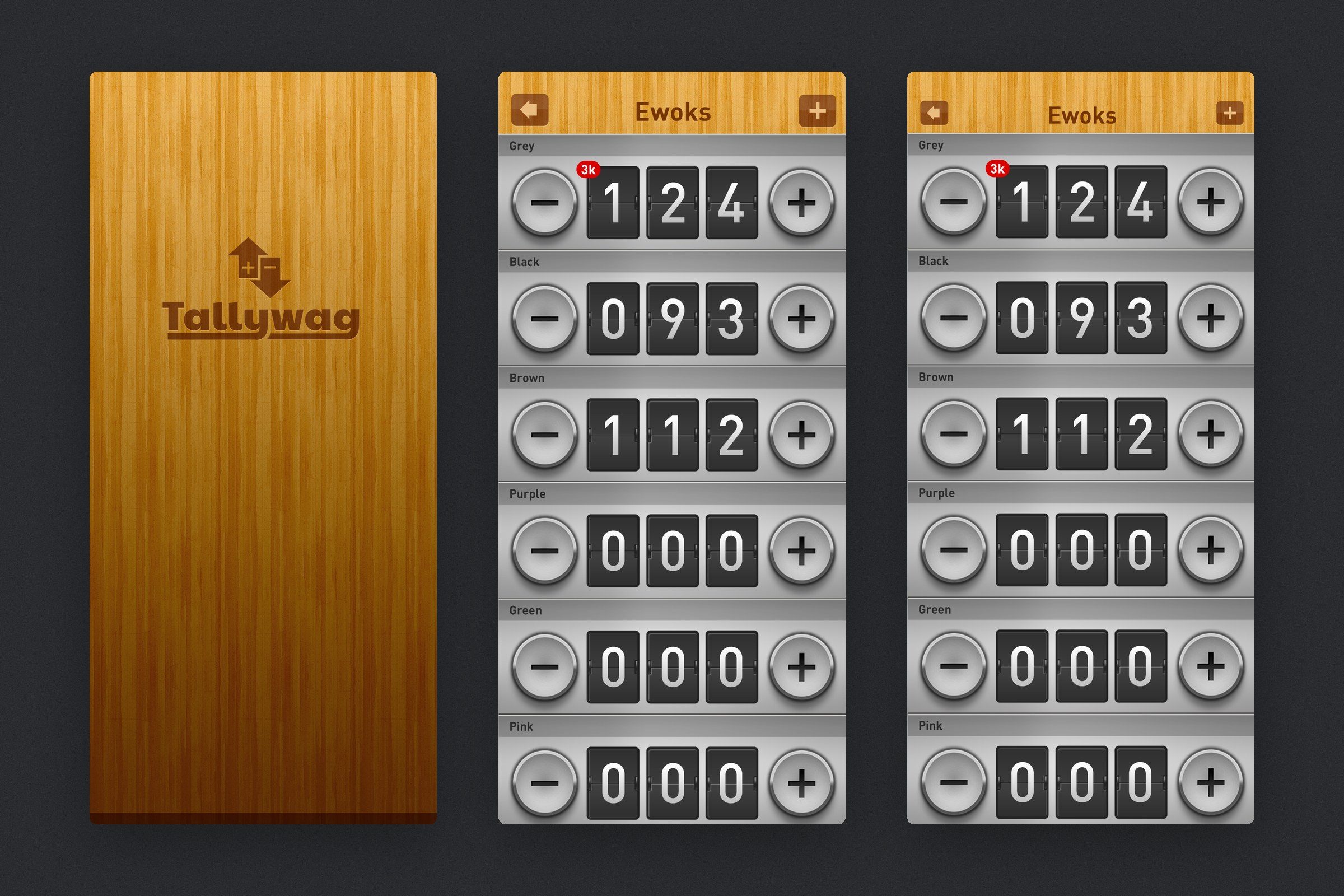 Tallywag: The splash screen and two passes at the counters screen
