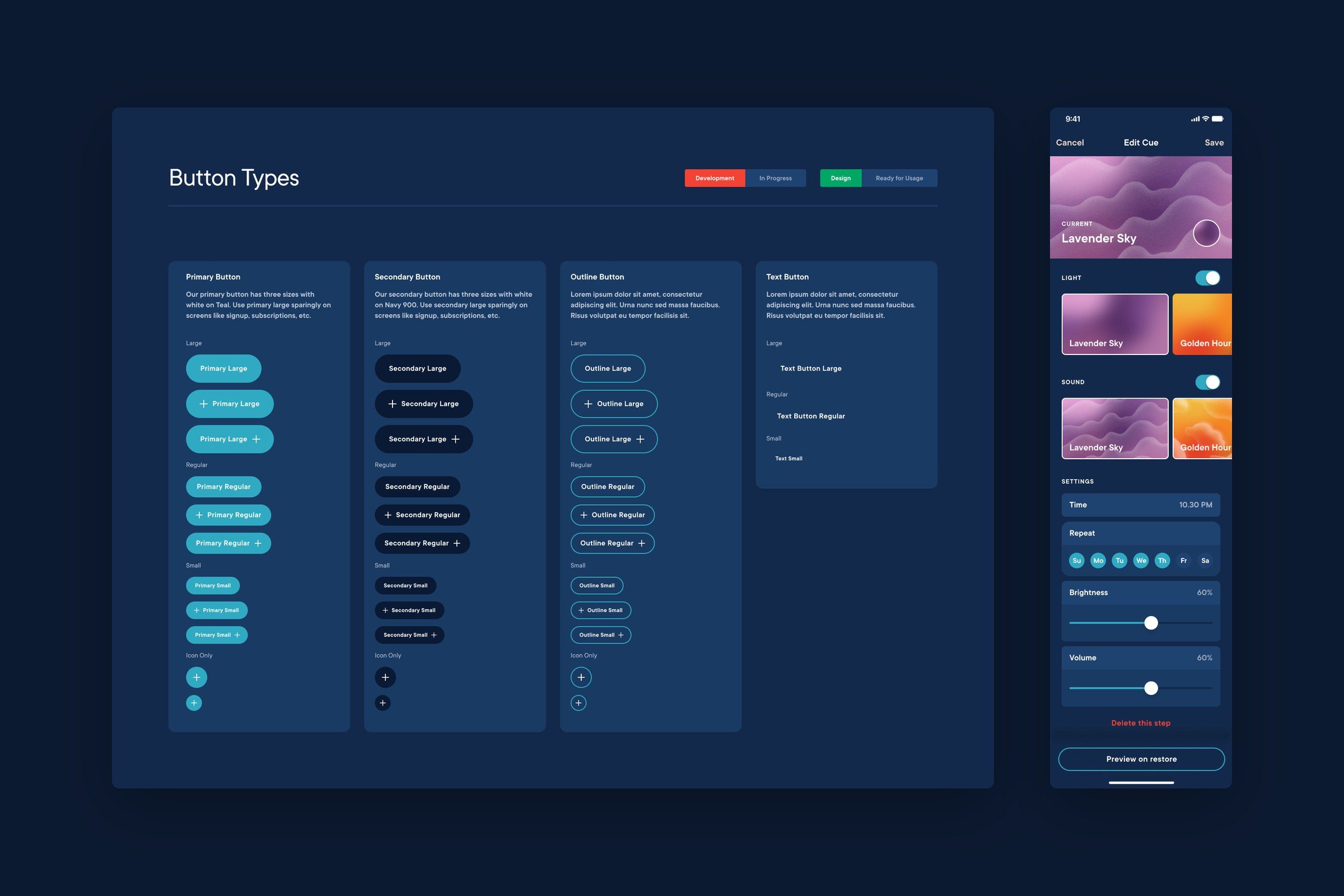 Hatch: Button Types next to the Edit Cue screen built from them