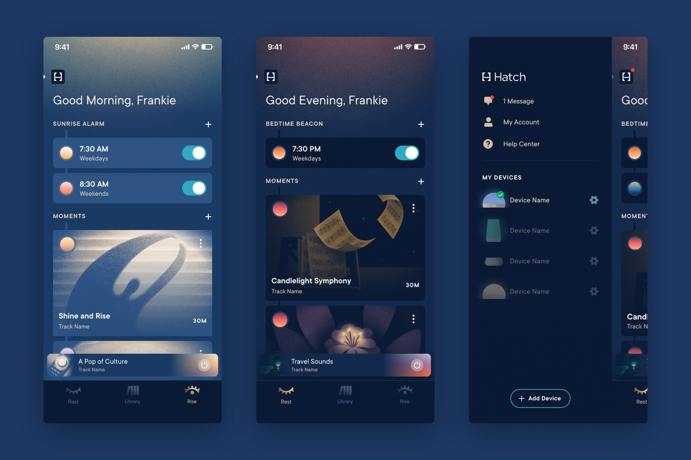 Hatch: The Rise and Rest home screens and the device drawer