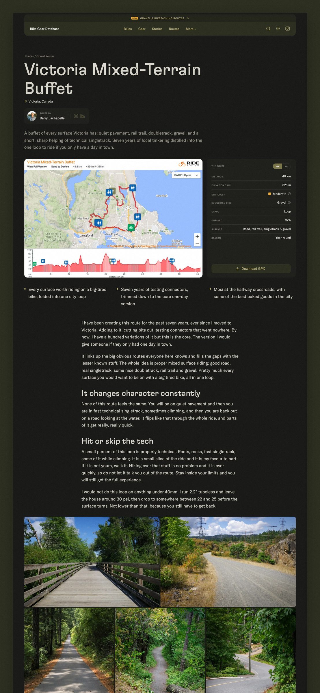 Bike Gear Database: The Victoria Mixed-Terrain Buffet route page, top to bottom