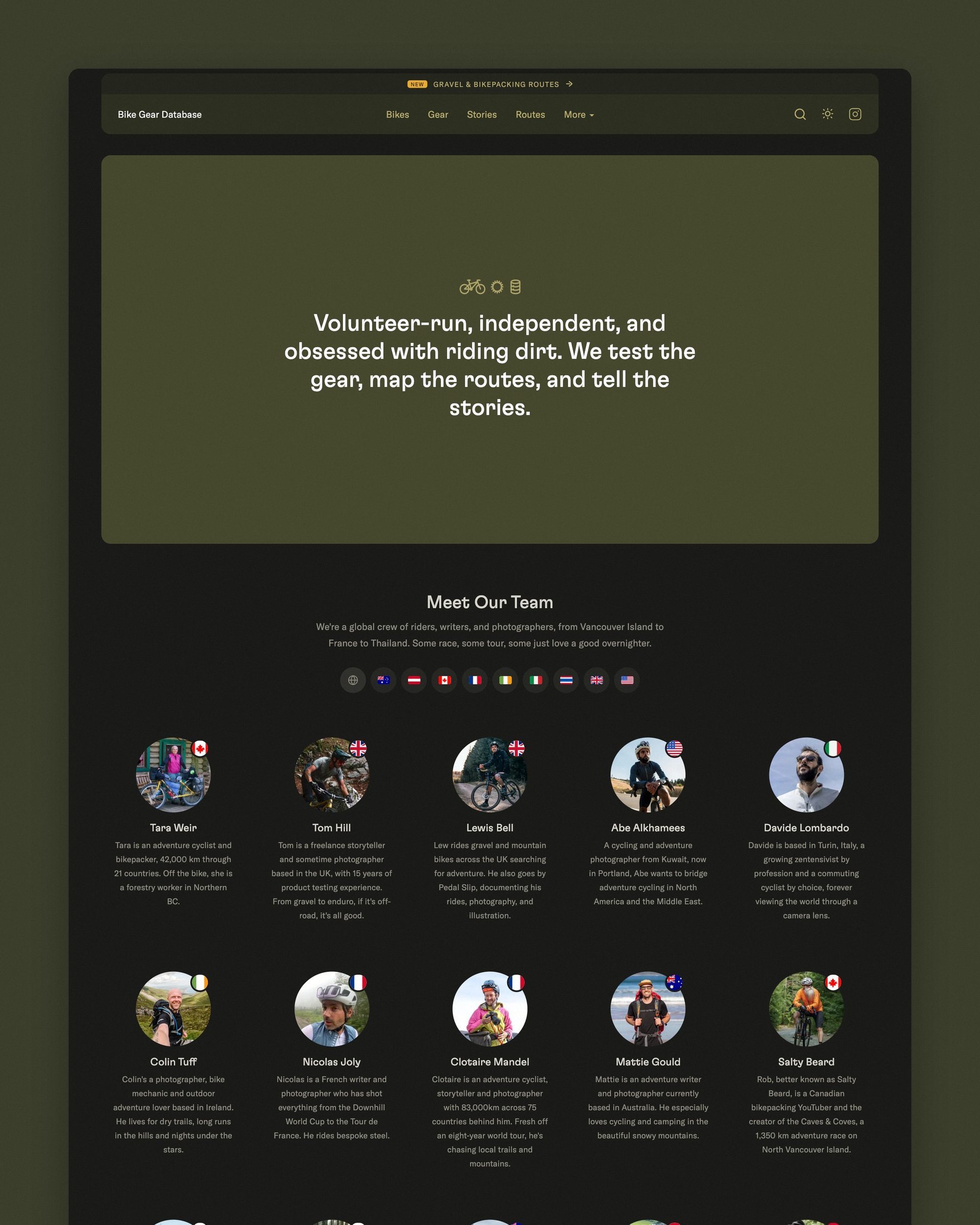 Bike Gear Database: The About page: a volunteer-run team of riders