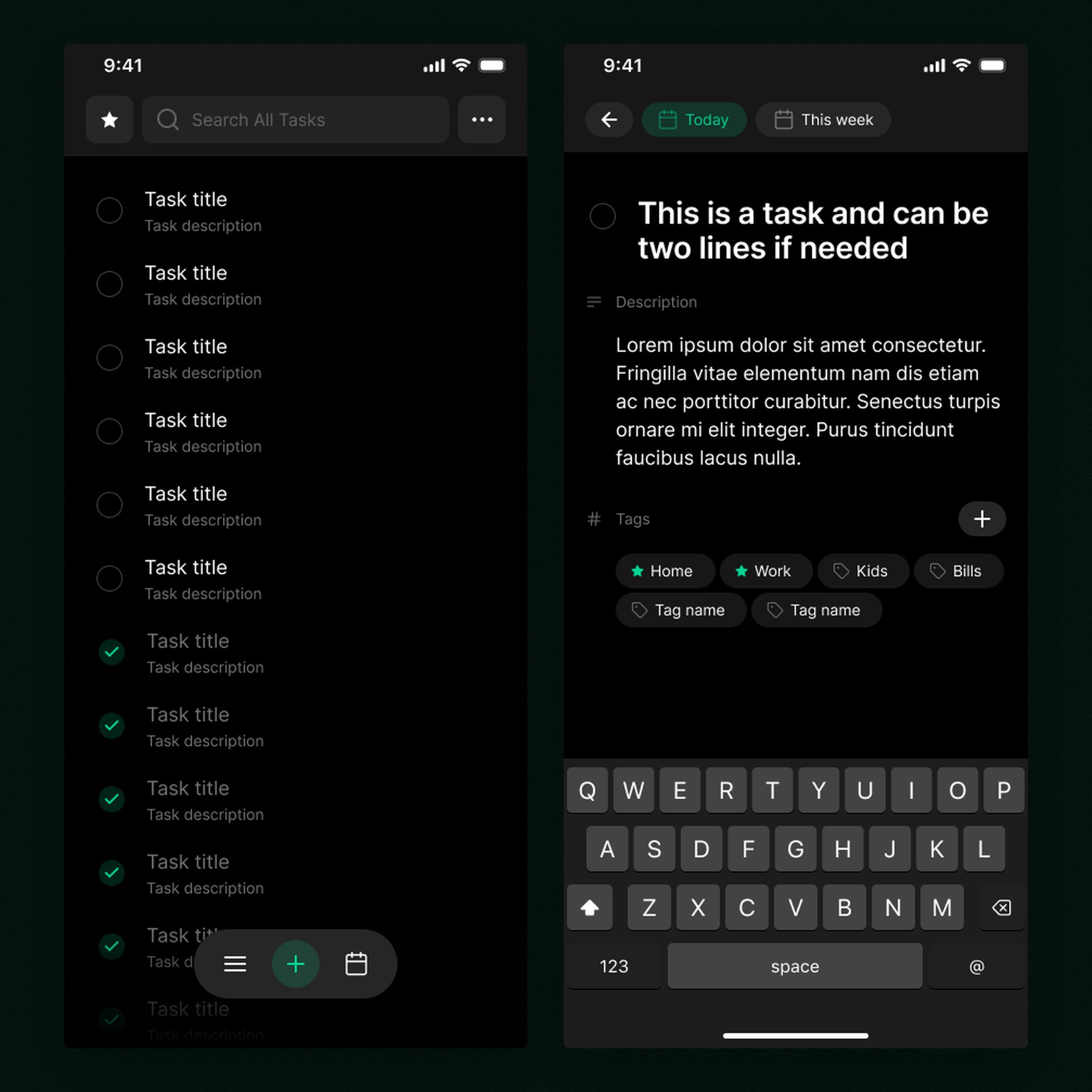 Blistful: The task list with completed tasks, and editing a task