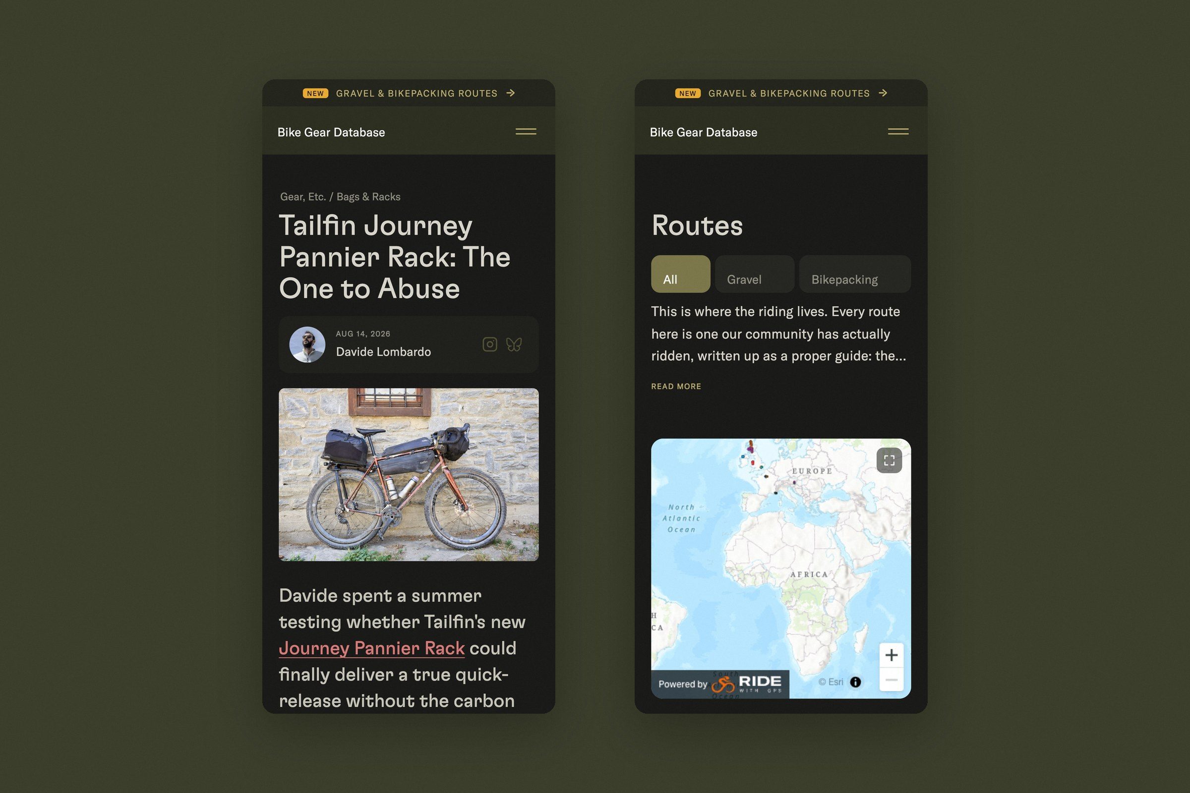 Bike Gear Database: Gear review and routes map on phones