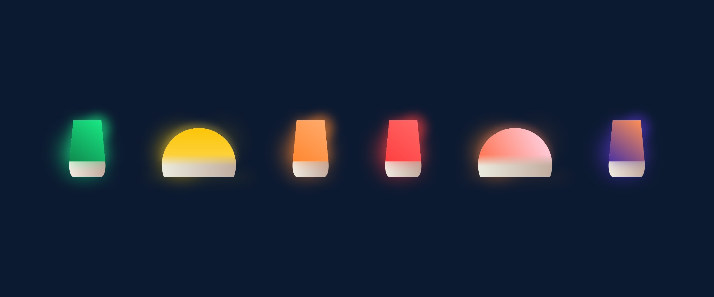 Hatch: Hatch Rest lamps and Restores side by side at true scale, each glowing in its light colour