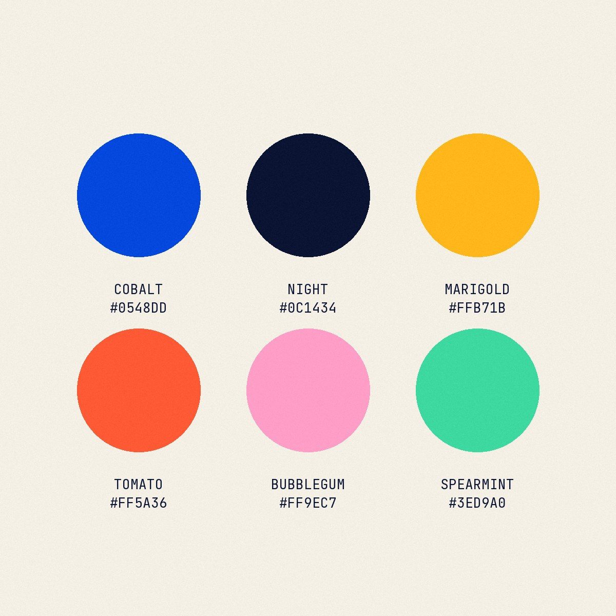 Every Shape Tells a Story: The colour system: cobalt, night, marigold, tomato, bubblegum and spearmint on paper