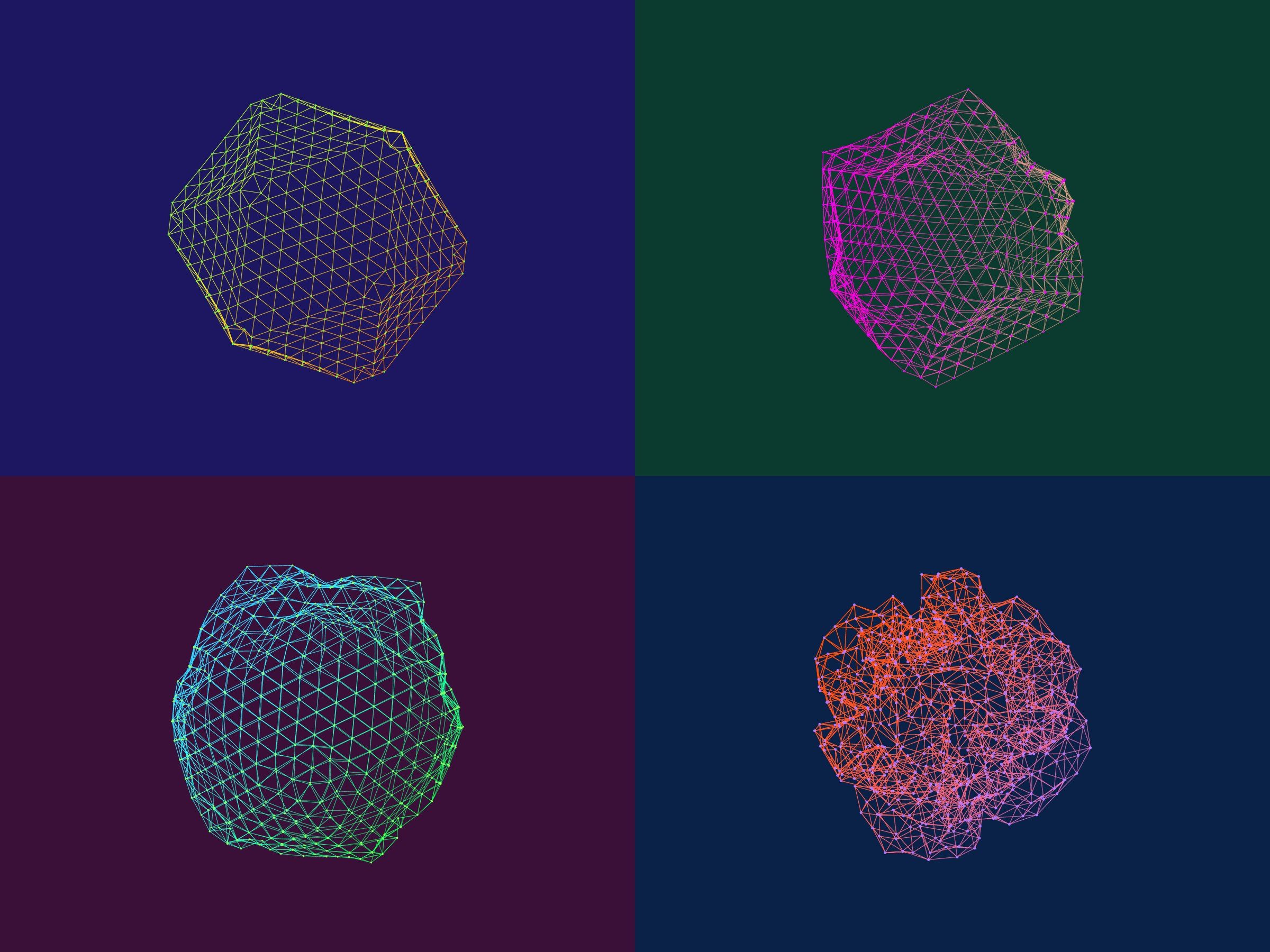 Four wireframe planets in yellow, magenta, teal and red, each on its own deep colour
